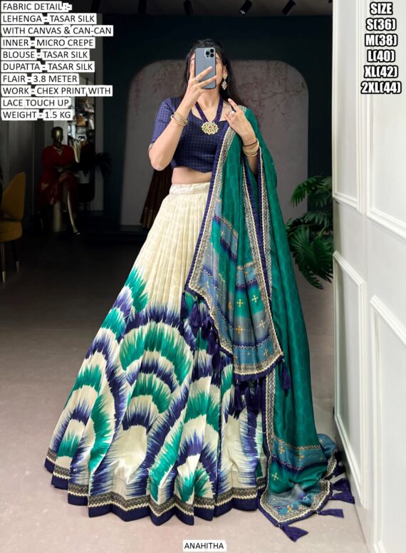 Look Ethnic In This Affluent With This Beautiful Printed Tasar Silk Semi-Stitched Lehenga Choli