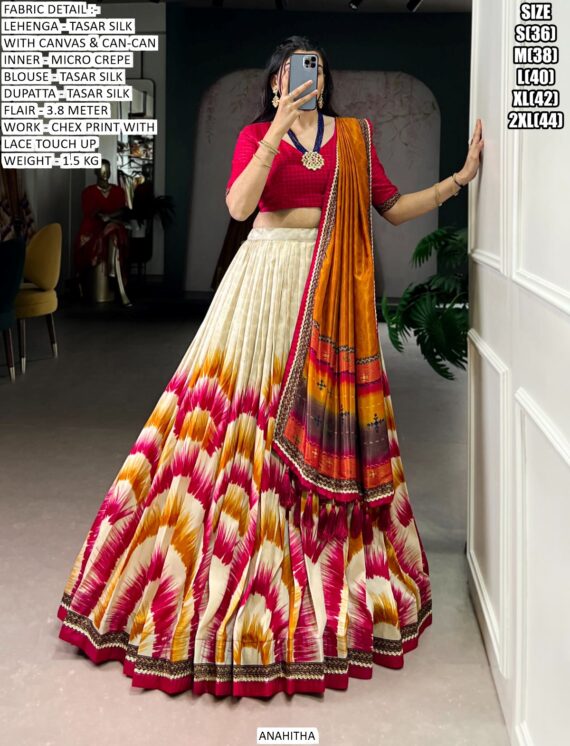 Look Ethnic In This Affluent With This Beautiful Printed Tasar Silk Semi-Stitched Lehenga Choli