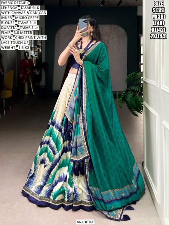 Look Ethnic In This Affluent With This Beautiful Printed Tasar Silk Semi-Stitched Lehenga Choli