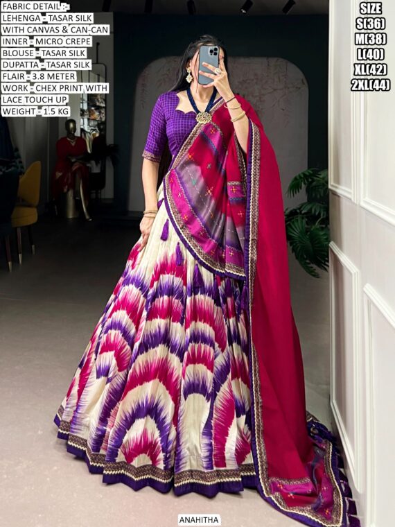 Look Ethnic In This Affluent With This Beautiful Printed Tasar Silk Semi-Stitched Lehenga Choli