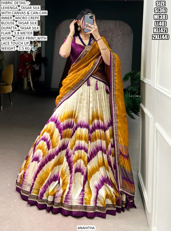 Look Ethnic In This Affluent With This Beautiful Printed Tasar Silk Semi-Stitched Lehenga Choli