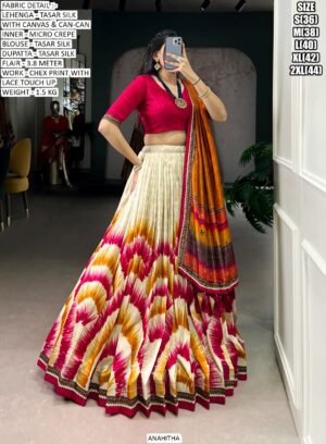 Look Ethnic In This Affluent With This Beautiful Printed Tasar Silk Semi-Stitched Lehenga Choli