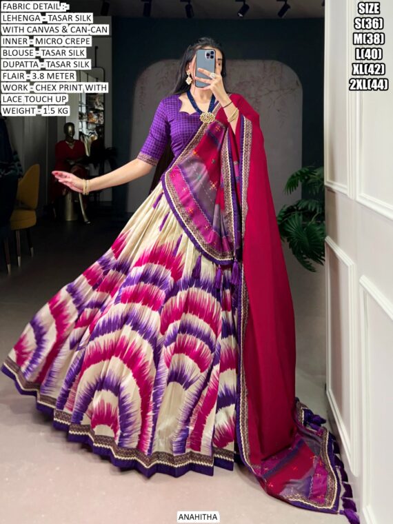 Look Ethnic In This Affluent With This Beautiful Printed Tasar Silk Semi-Stitched Lehenga Choli
