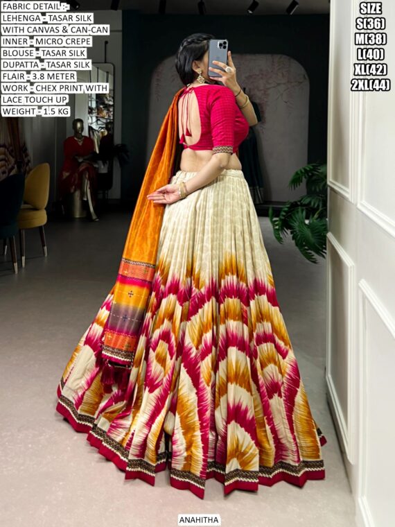 Look Ethnic In This Affluent With This Beautiful Printed Tasar Silk Semi-Stitched Lehenga Choli