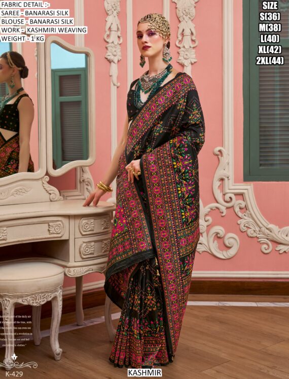 Festive Wear Banarasi Silk Sarees With Beautiful Kashmiri Weaving Work And Un-Stitched Blouse