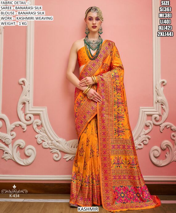 Festive Wear Banarasi Silk Sarees With Beautiful Kashmiri Weaving Work And Un-Stitched Blouse
