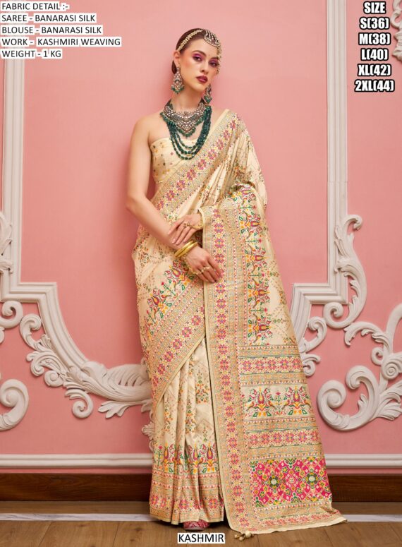 Festive Wear Banarasi Silk Sarees With Beautiful Kashmiri Weaving Work And Un-Stitched Blouse