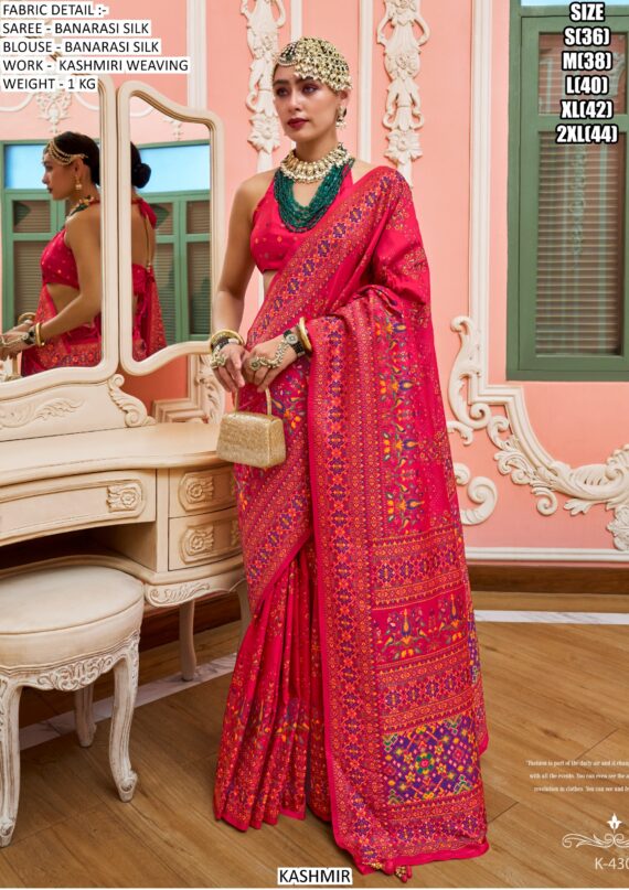 Festive Wear Banarasi Silk Sarees With Beautiful Kashmiri Weaving Work And Un-Stitched Blouse