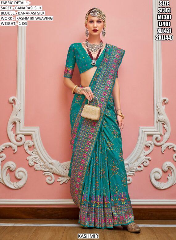 Festive Wear Banarasi Silk Sarees With Beautiful Kashmiri Weaving Work And Un-Stitched Blouse