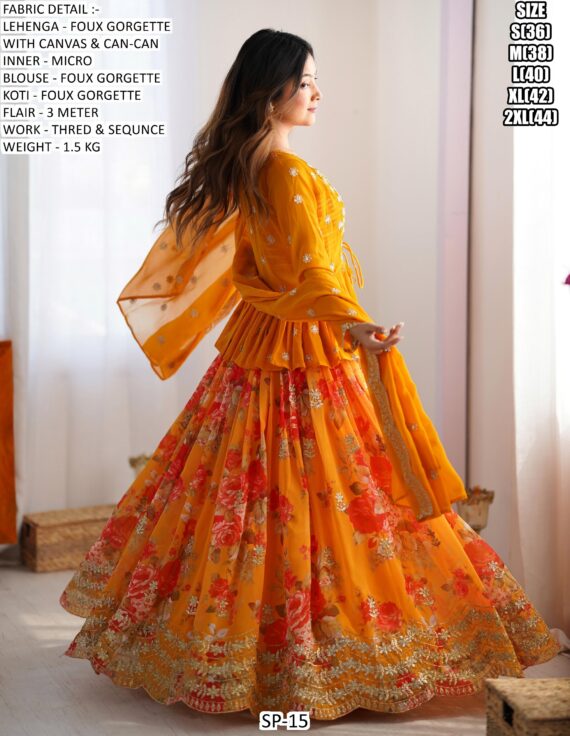 Shimmering Yellow Georgette Koti Style Flowers Designer Lehenga Choli Special For Haldi Ceremony
