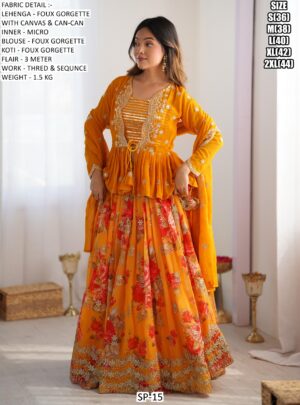 Shimmering Yellow Georgette Koti Style Flowers Designer Lehenga Choli Special For Haldi Ceremony
