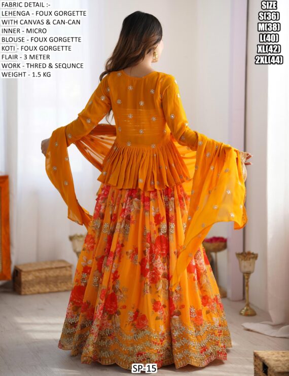 Shimmering Yellow Georgette Koti Style Flowers Designer Lehenga Choli Special For Haldi Ceremony