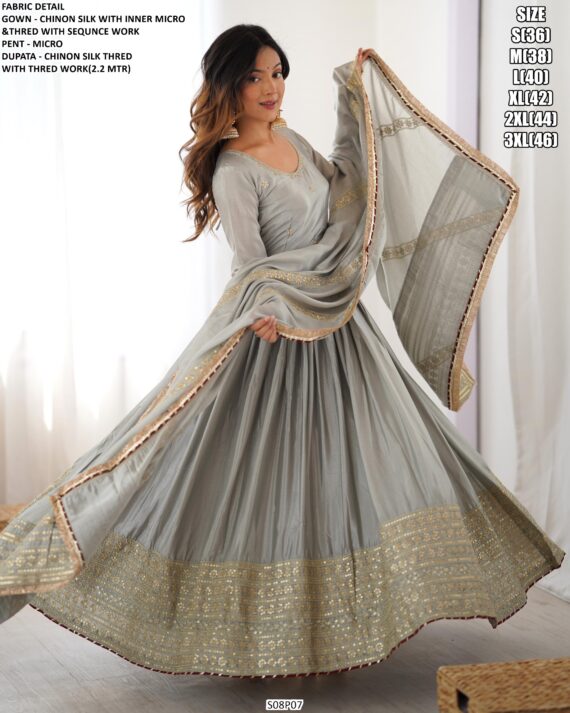 Chinon Silk Full Embroidery Work Gown With Dupatta Set For Elegant Evening Outfit