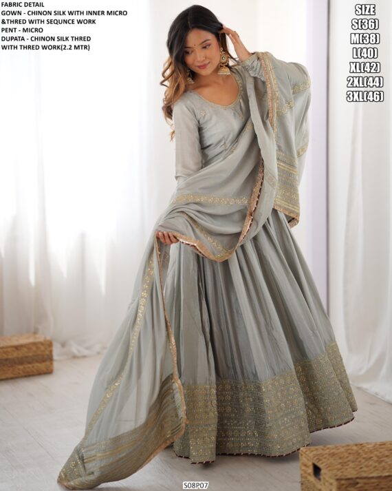 Chinon Silk Full Embroidery Work Gown With Dupatta Set For Elegant Evening Outfit