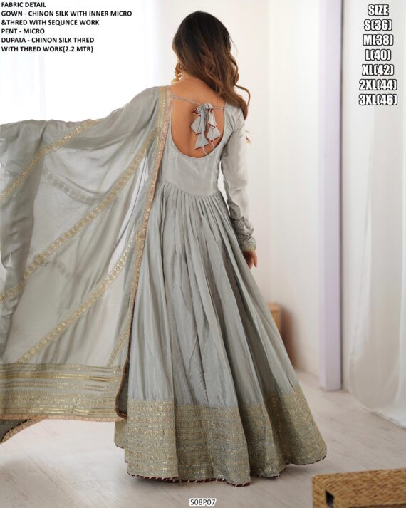Chinon Silk Full Embroidery Work Gown With Dupatta Set For Elegant Evening Outfit