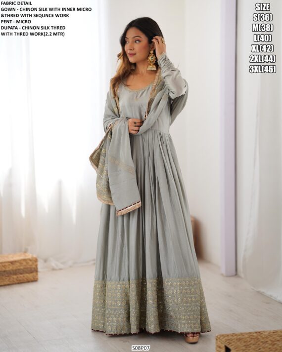 Chinon Silk Full Embroidery Work Gown With Dupatta Set For Elegant Evening Outfit