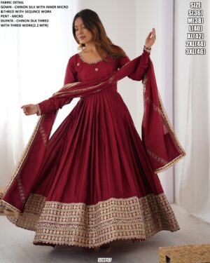 Chinon Silk Full Embroidery Work Gown With Dupatta Set For Elegant Evening Outfit