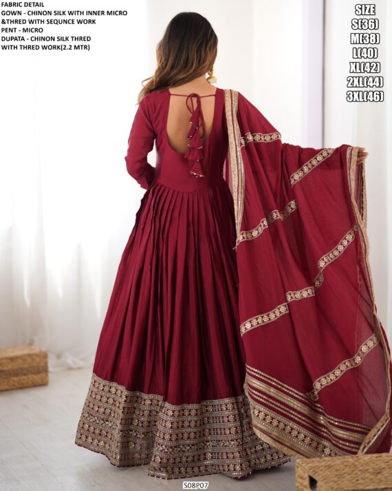 Chinon Silk Full Embroidery Work Gown With Dupatta Set For Elegant Evening Outfit