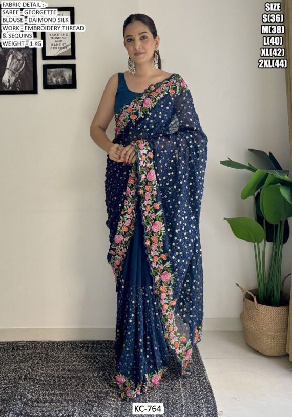 Shop Our Stylish Georgette Embroidery Work Party Or Festival Wear Un-Stitched Sarees