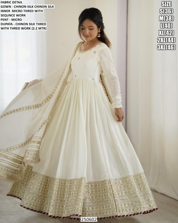 Chinon Silk Full Embroidery Work Gown With Dupatta Set For Elegant Evening Outfit