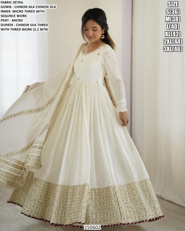 Chinon Silk Full Embroidery Work Gown With Dupatta Set For Elegant Evening Outfit