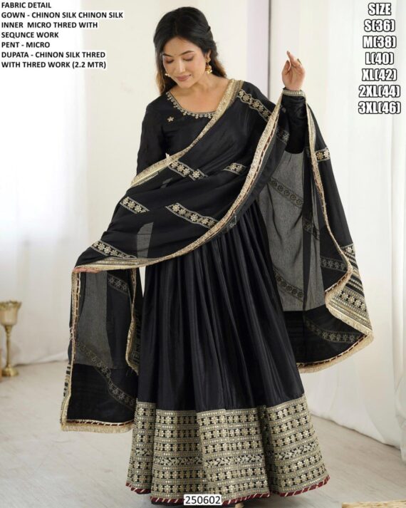 Chinon Silk Full Embroidery Work Gown With Dupatta Set For Elegant Evening Outfit