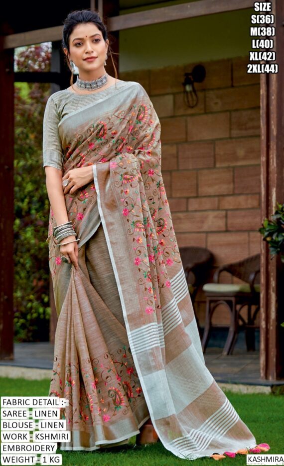 New Kashmiri Style Linen Embroidery Designer Un-Stitched Saree With Blouse (Party Wear)