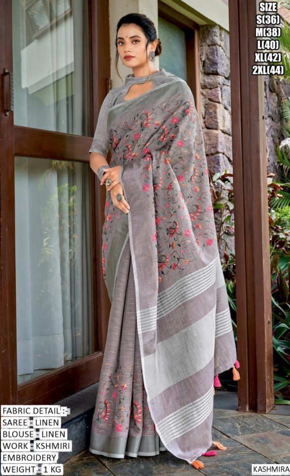 New Kashmiri Style Linen Embroidery Designer Un-Stitched Saree With Blouse (Party Wear)