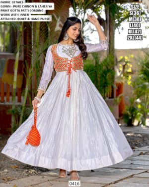 Wedding Wear Designer Gown In Full White Chinon With Attached Leheriya Printed Jacket