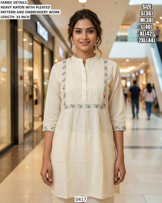 Women's Regular And Office Wear Heavy Rayon Classic Embroidery Work Tunic Tops