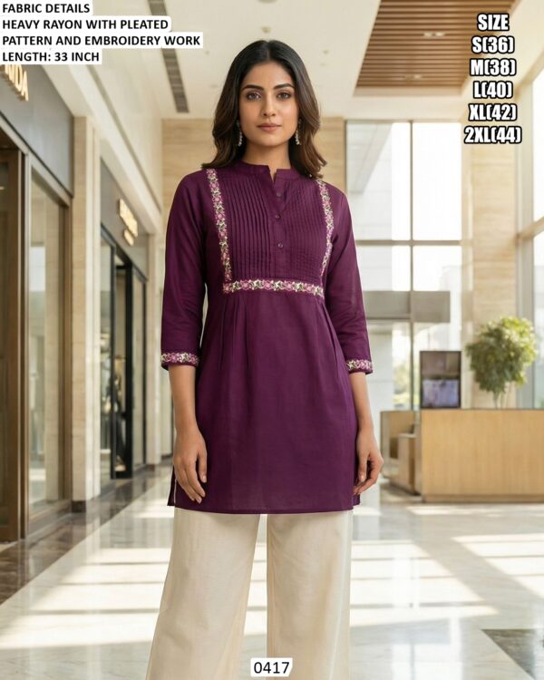 Women's Regular And Office Wear Heavy Rayon Classic Embroidery Work Tunic Tops