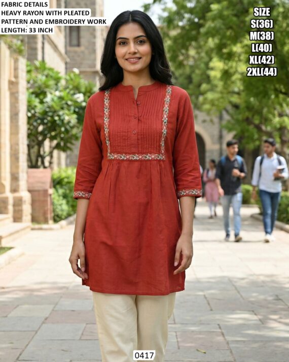 Women's Regular And Office Wear Heavy Rayon Classic Embroidery Work Tunic Tops