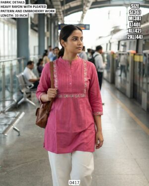 Women's Regular And Office Wear Heavy Rayon Classic Embroidery Work Tunic Tops