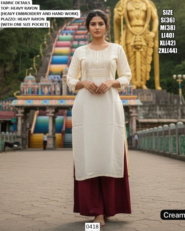 Regular Fit Ready To Wear Heavy Rayon Embroidery Work And Hand Work Kurta Plazo Sets