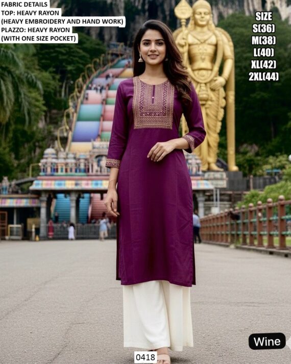 Regular Fit Ready To Wear Heavy Rayon Embroidery Work And Hand Work Kurta Plazo Sets