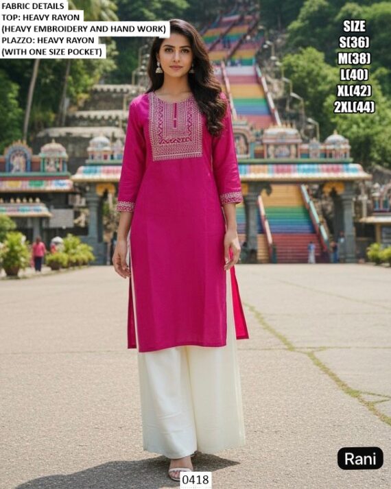 Regular Fit Ready To Wear Heavy Rayon Embroidery Work And Hand Work Kurta Plazo Sets