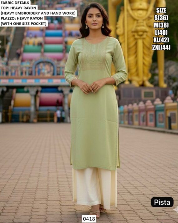 Regular Fit Ready To Wear Heavy Rayon Embroidery Work And Hand Work Kurta Plazo Sets