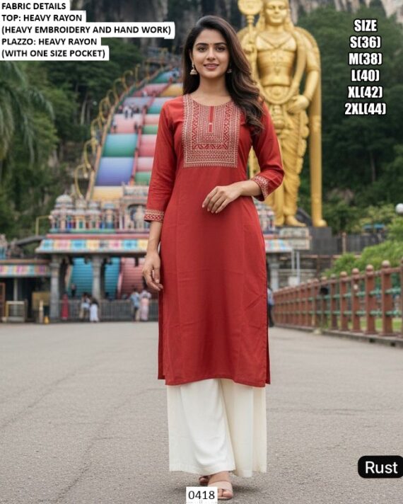 Regular Fit Ready To Wear Heavy Rayon Embroidery Work And Hand Work Kurta Plazo Sets