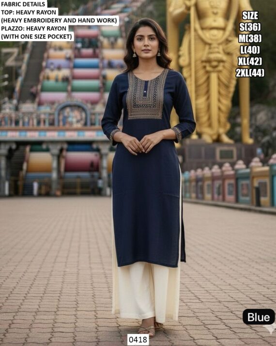 Regular Fit Ready To Wear Heavy Rayon Embroidery Work And Hand Work Kurta Plazo Sets