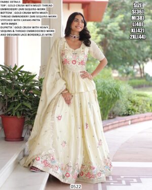 Off-White Gold Crush Multi Thread Embroidered Lehenga Choli Dupatta Set (Ready To Wear)