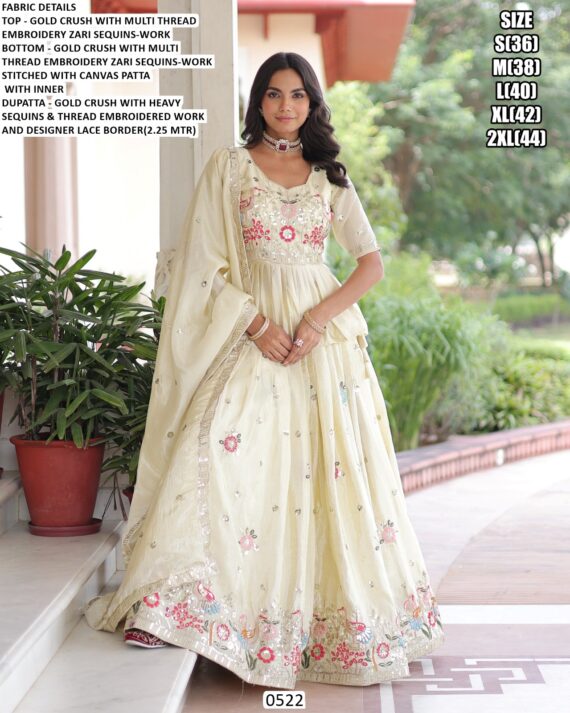 Off-White Gold Crush Multi Thread Embroidered Lehenga Choli Dupatta Set (Ready To Wear)