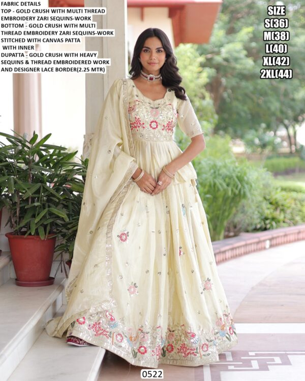 Off-White Gold Crush Multi Thread Embroidered Lehenga Choli Dupatta Set (Ready To Wear)