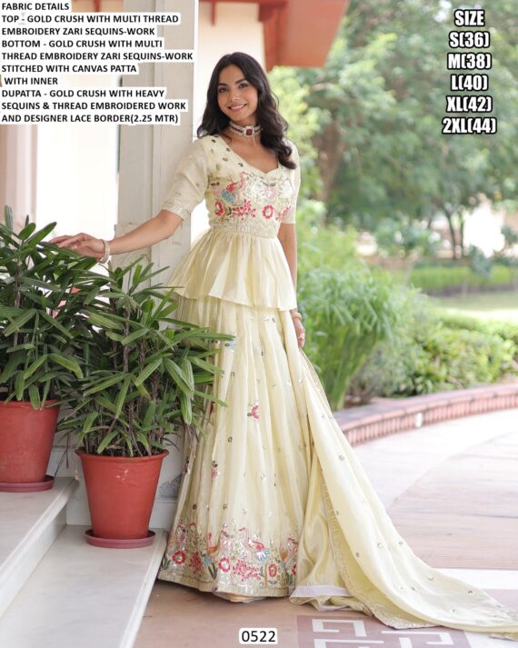 Off-White Gold Crush Multi Thread Embroidered Lehenga Choli Dupatta Set (Ready To Wear)