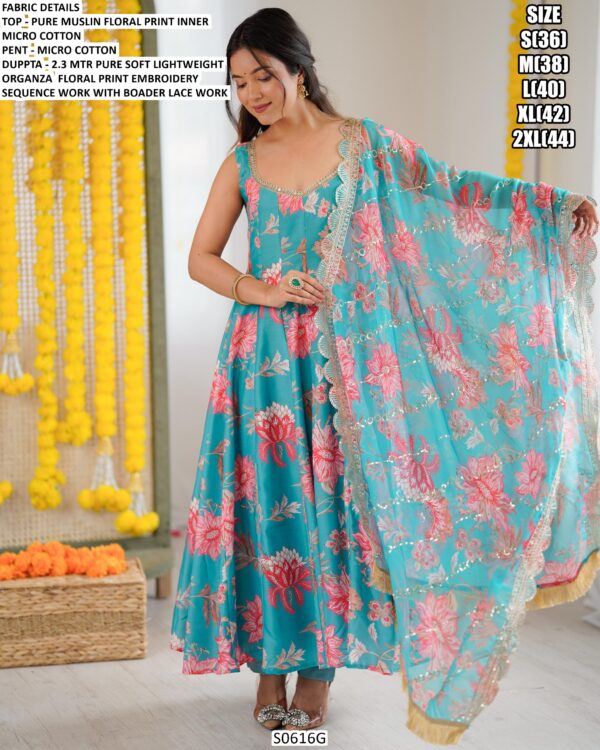 Pure Muslin Electric Blue Party Wear Flower Printed Readymade Anarkali Suit