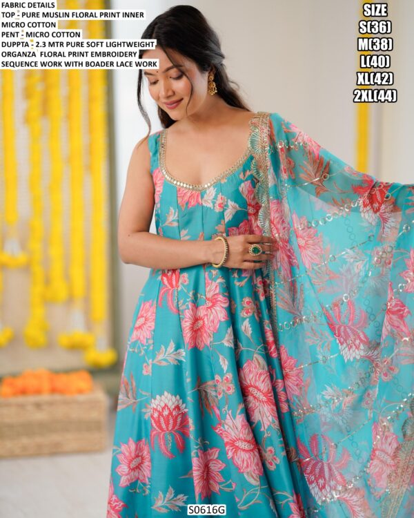 Pure Muslin Electric Blue Party Wear Flower Printed Readymade Anarkali Suit