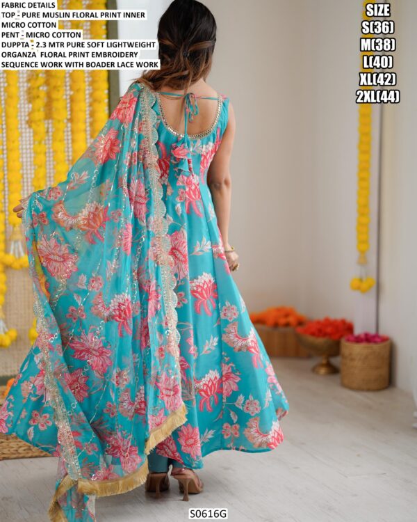 Pure Muslin Electric Blue Party Wear Flower Printed Readymade Anarkali Suit