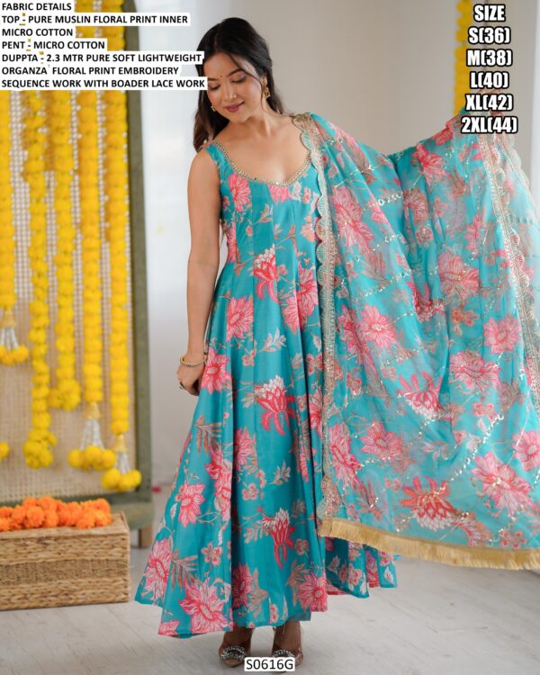 Pure Muslin Electric Blue Party Wear Flower Printed Readymade Anarkali Suit
