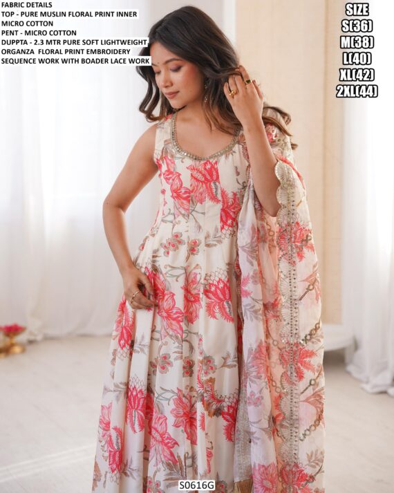 Indian And Pakistani Pure Muslin Floral Printed Anarkali Salwar Suits For Any Occasions