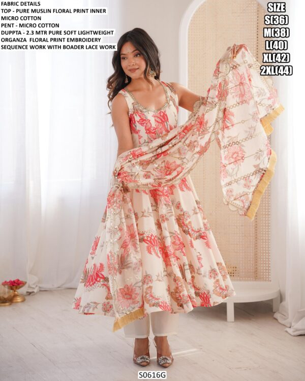 Party Wear Pure Muslin Off-White Readymade Anarkali Salwar Suit Set For Women