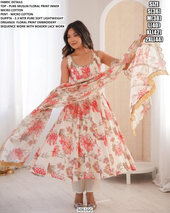 Indian And Pakistani Pure Muslin Floral Printed Anarkali Salwar Suits For Any Occasions